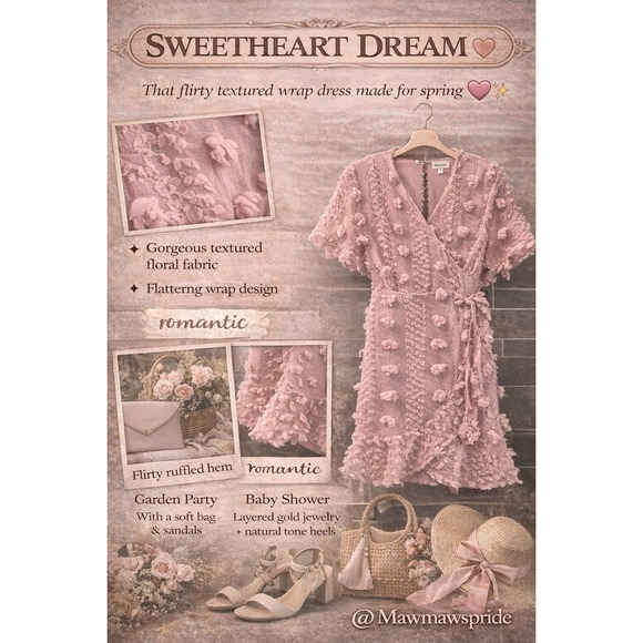 &merci Dresses & Skirts - &merci Pink Textured Floral Wrap Dress Ruffle Hem V-Neck Romantic Garden Party L